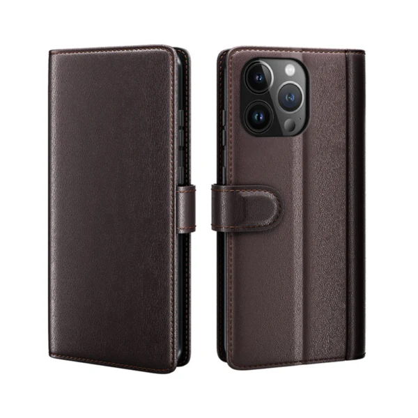 LindeCovers iPhone 15 Pro – Ægte Læder Flip Cover m. Flap Red Brown