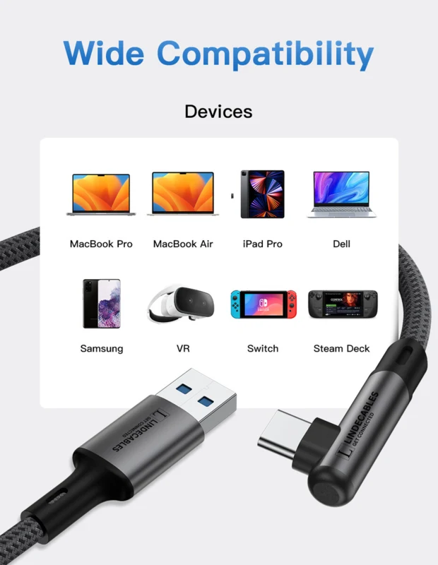 LindeCables USB-C til USB-A 3.2 Gen.1 Premium kabel 90° - 3 m