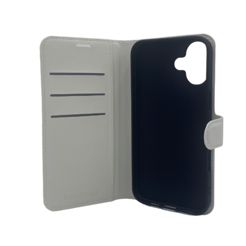 LindeCovers iPhone 16 - PU Litchi Læder Flip Cover 2 White