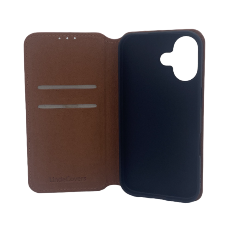 LindeCovers iPhone 16 - Ægte Læder Flip Cover Brown