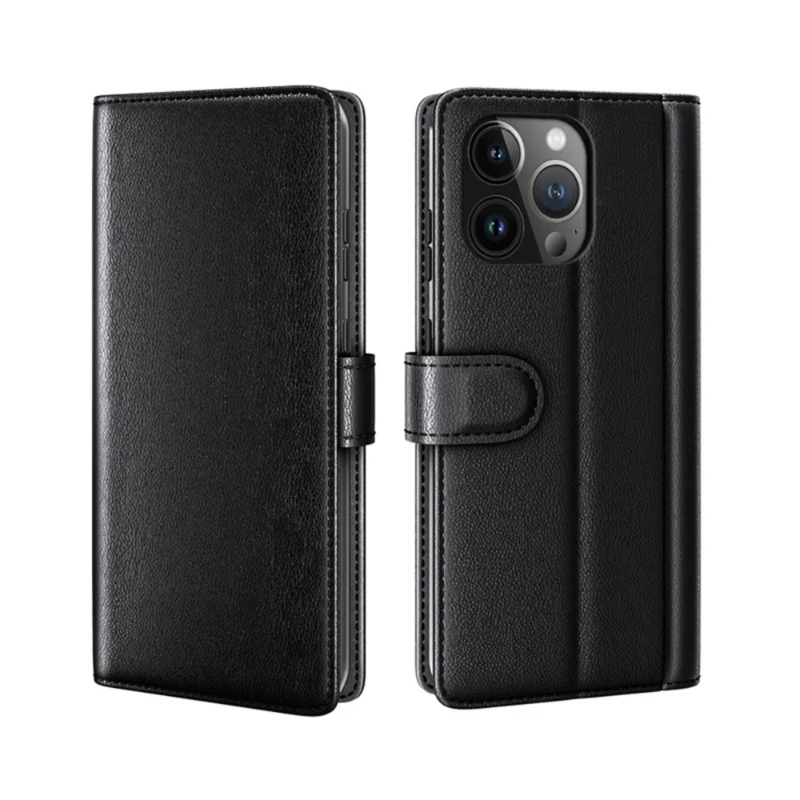 LindeCovers iPhone 14 Pro – Ægte Læder Flip Cover m. Flap Black