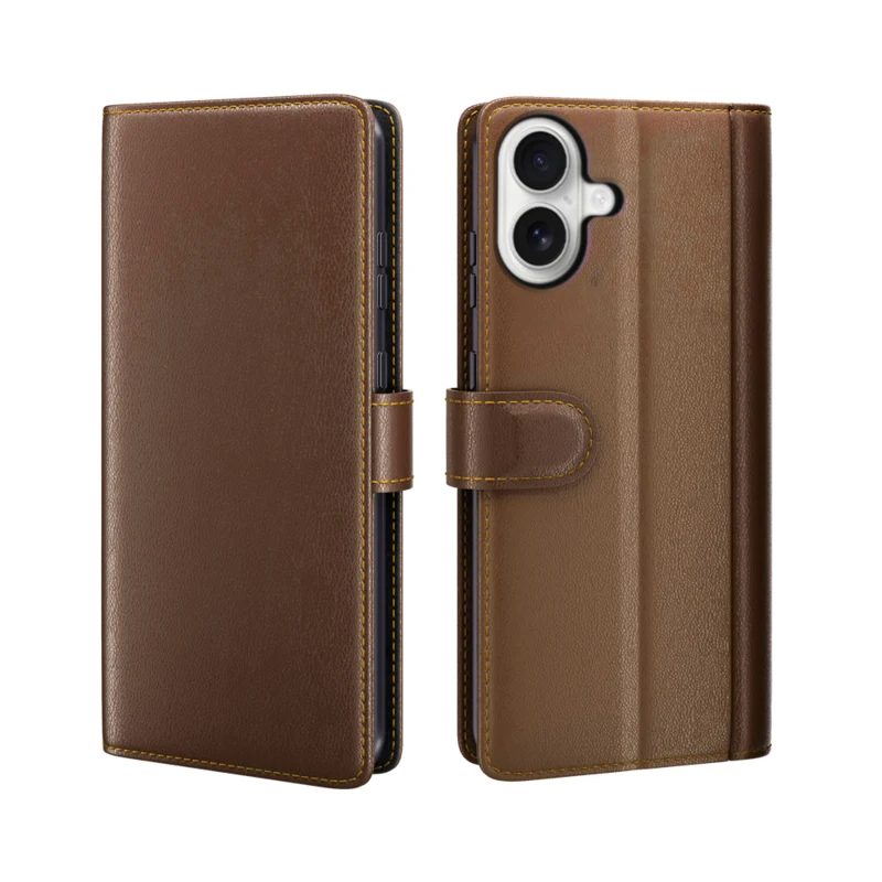 LindeCovers iPhone 16 Plus – Ægte Læder Flip Cover m. Flap Brown