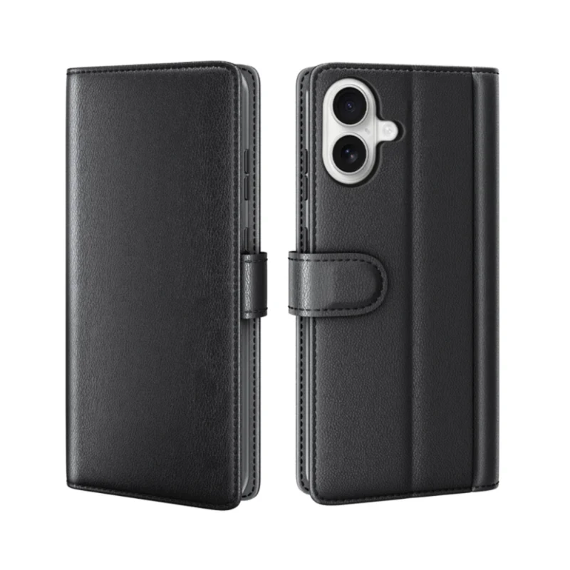 LindeCovers iPhone 16 Plus – Ægte Læder Flip Cover m. Flap Black